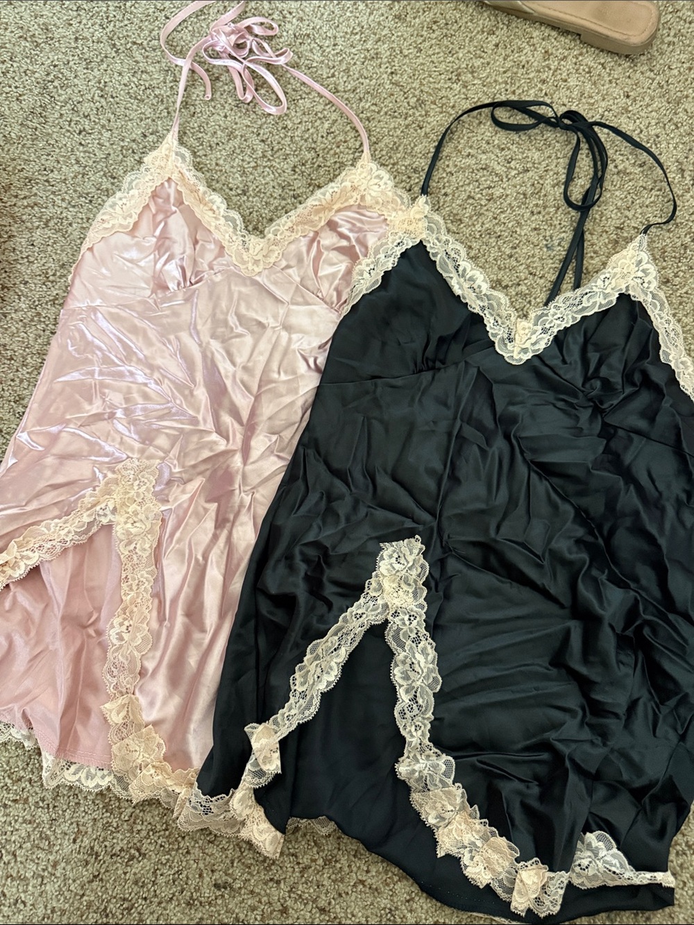 Women's Lace-Trim Satin Slip Nightdress - Pink and Black